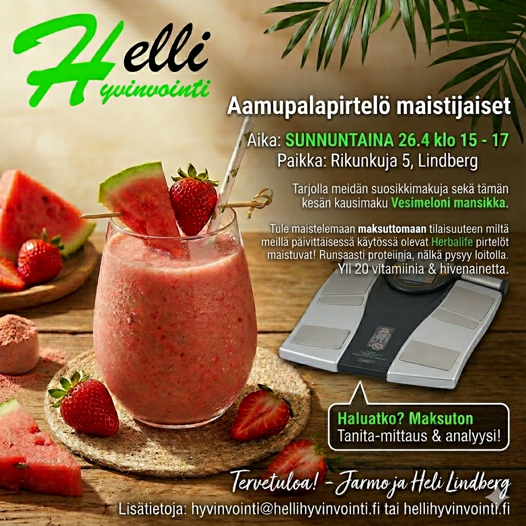 Maksuttomat aamupalapirtelö-maistiaiset ja kehonkoostumusmittaus Helli Hyvinvoinnissa 26.4